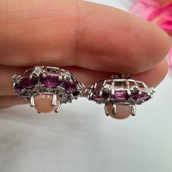 Rodolite Garnet Pink Opal CZ Silver Stud Earrings Tested Opulent Princesscore - Picture 6 of 15